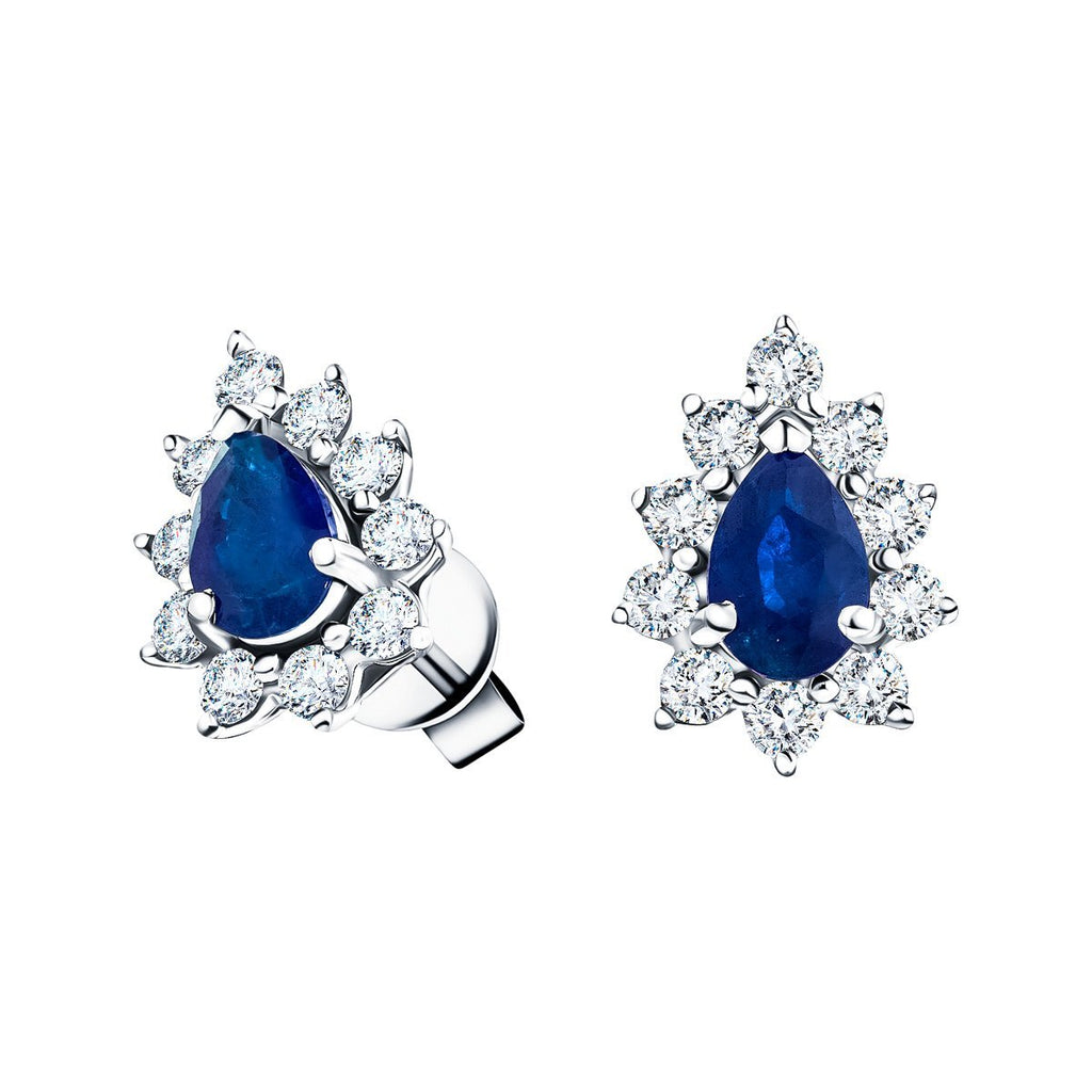 1.30ct Blue Sapphire & Diamond Pear Cluster Earrings 18k Whtie Gold - All Diamond