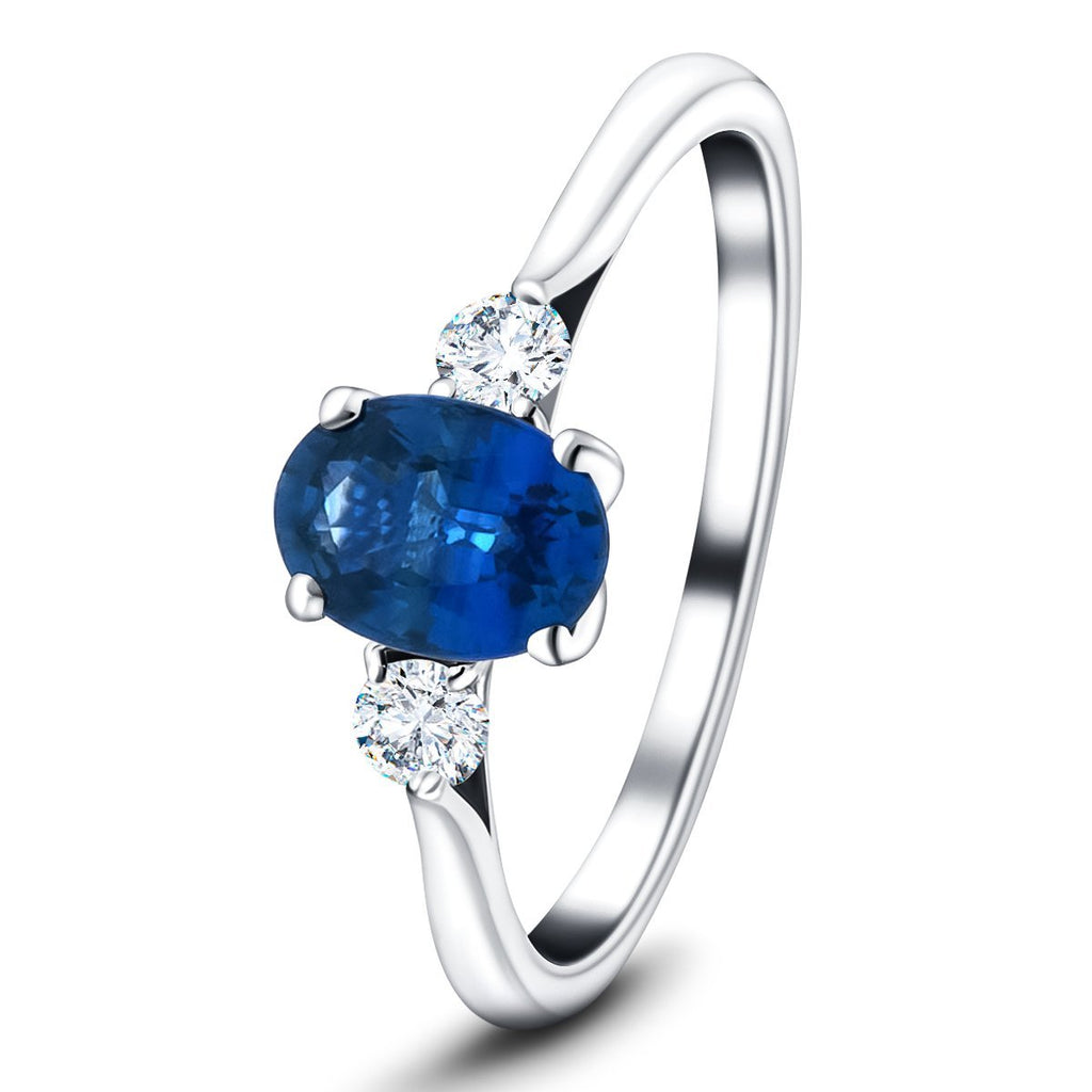 1.60ct Blue Sapphire with 0.25ct Diamond Trilogy Ring 18k White Gold - All Diamond