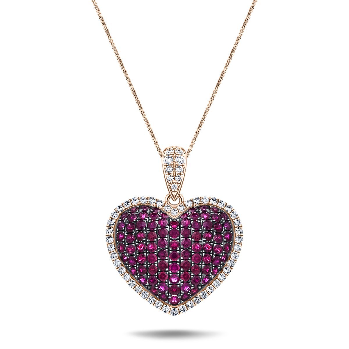 1.67ct Ruby & 0.43ct Diamond Heart Shaped Necklace in 18k Rose Gold - All Diamond