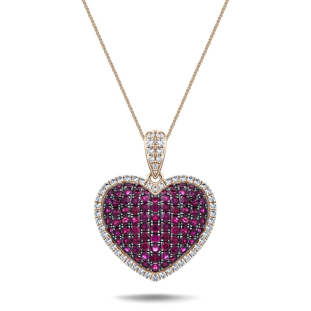 1.67ct Ruby & 0.43ct Diamond Heart Shaped Necklace in 18k Rose Gold - All Diamond