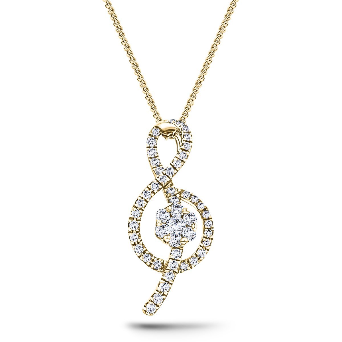 18K Yellow Gold 0.40ct Diamond Treble Clef Music Pendant Necklace - All Diamond