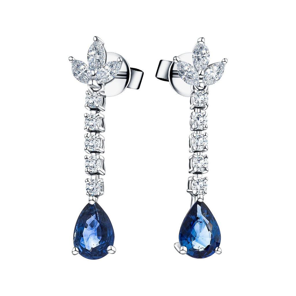 1.90ct Blue Sapphire & Diamond Drop Earrings in 18k White Gold - All Diamond