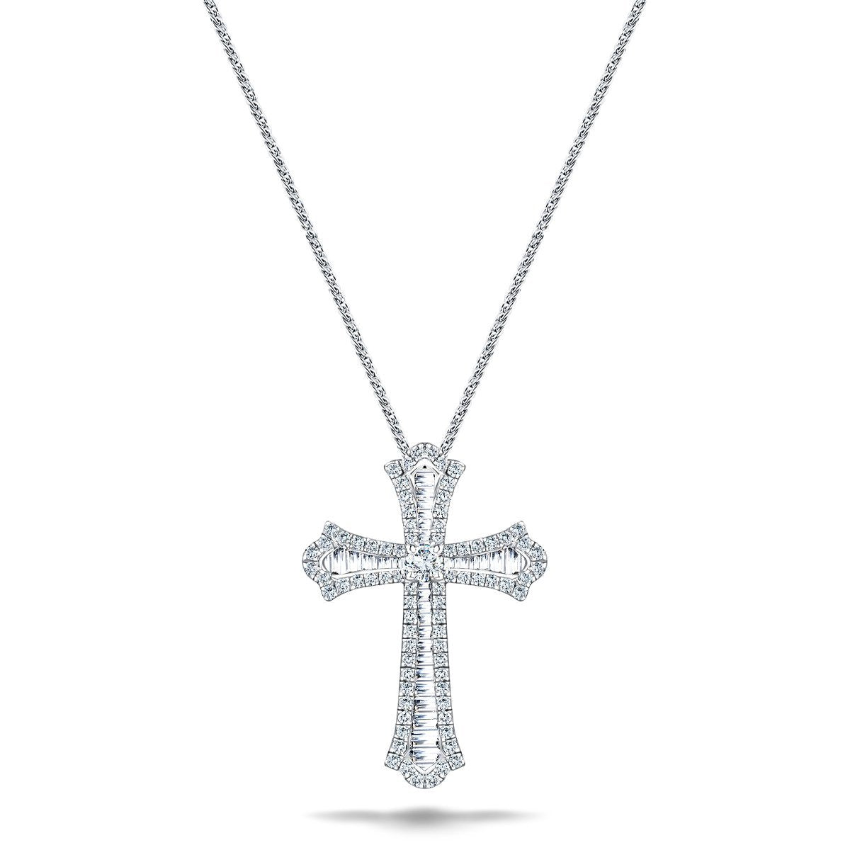 2.00ct Baguette and Round Cut Claw Set Diamond Cross in 18k White Gold - All Diamond