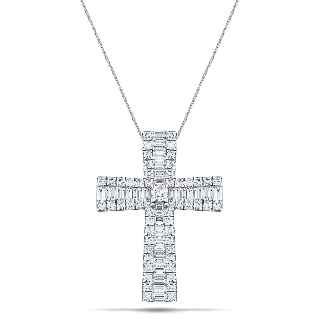 2.00ct Baguette and Round Cut Claw Set Diamond Cross in 9k White Gold - All Diamond