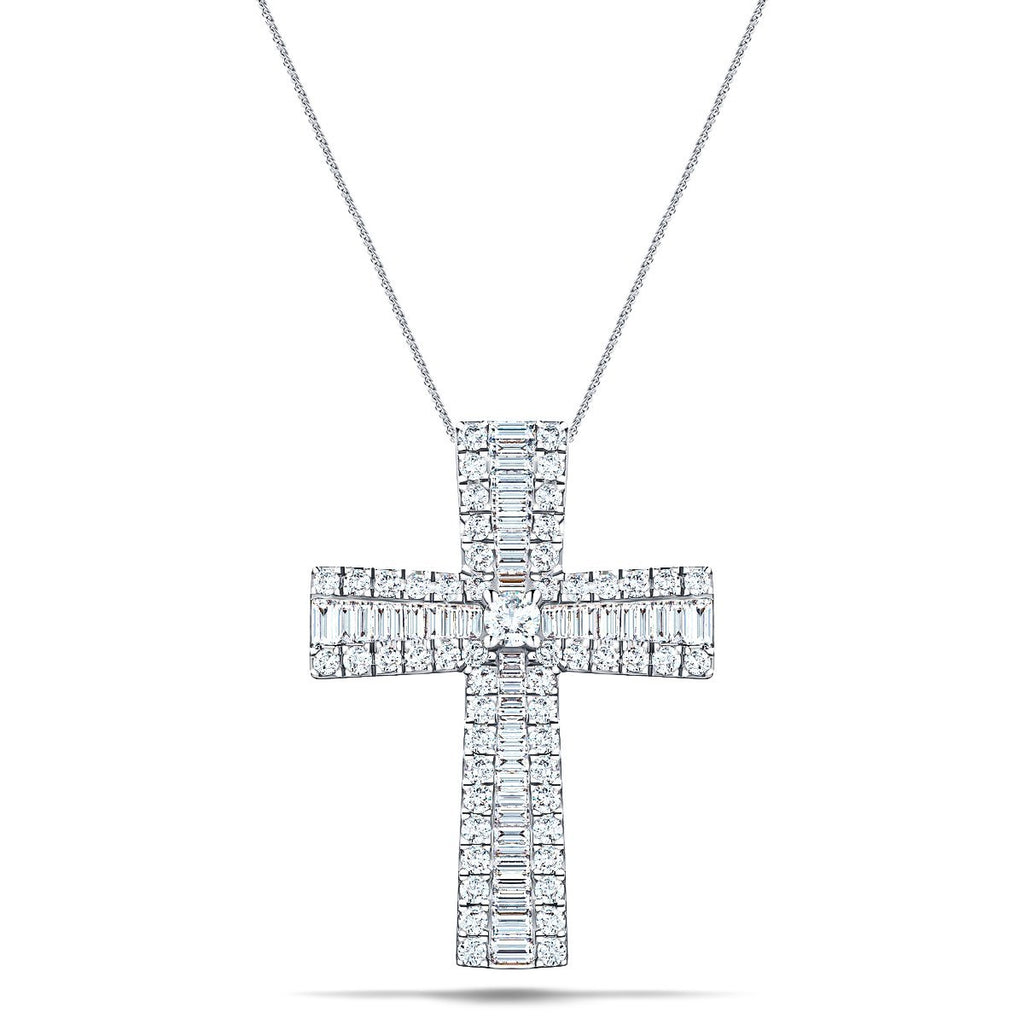 2.30ct Baguette and Round Cut Claw Set Diamond Cross in 18k White Gold - All Diamond