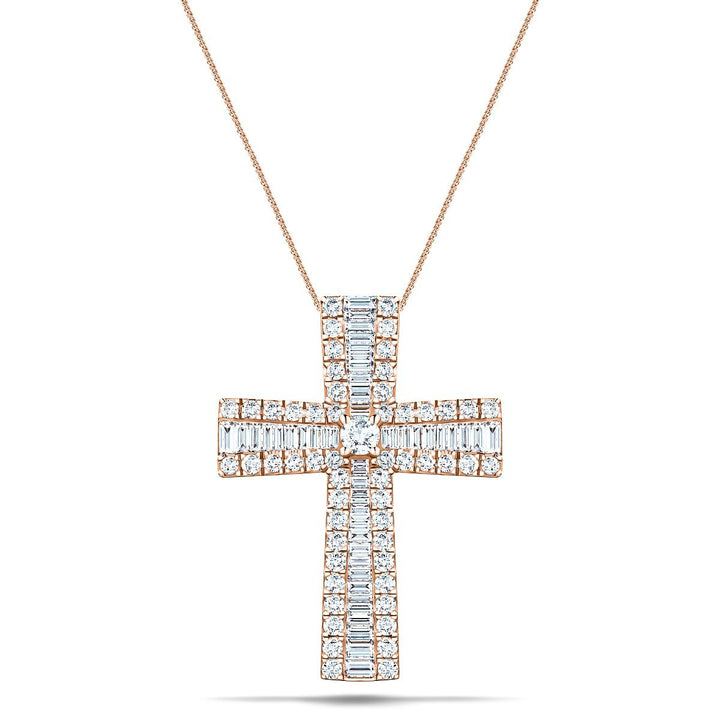 2.30ct Baguette & Round Cut Claw Set Diamond Cross in 18k Rose Gold