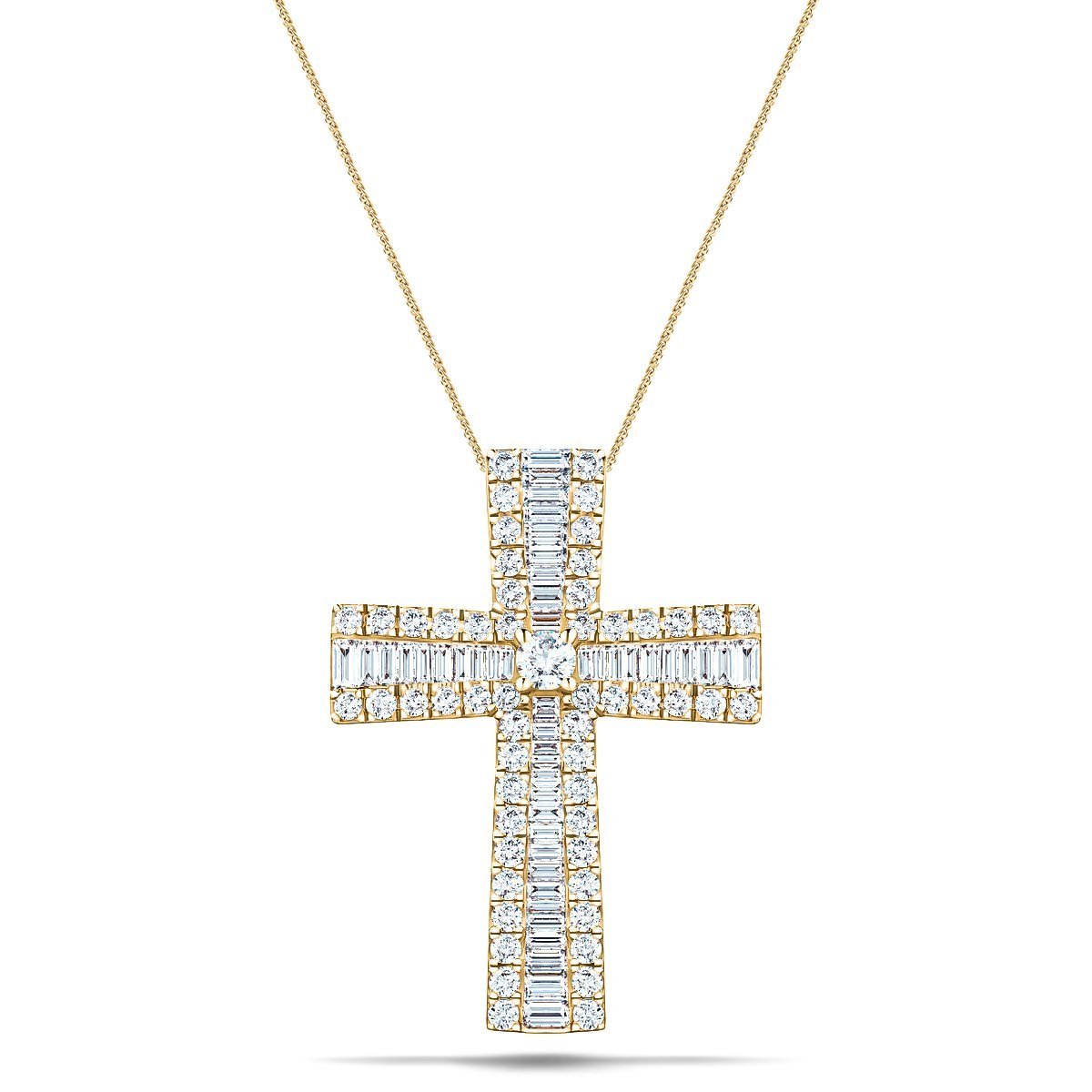 2.30ct Baguette & Round Cut Claw Set Diamond Cross in 18k Yellow Gold - All Diamond