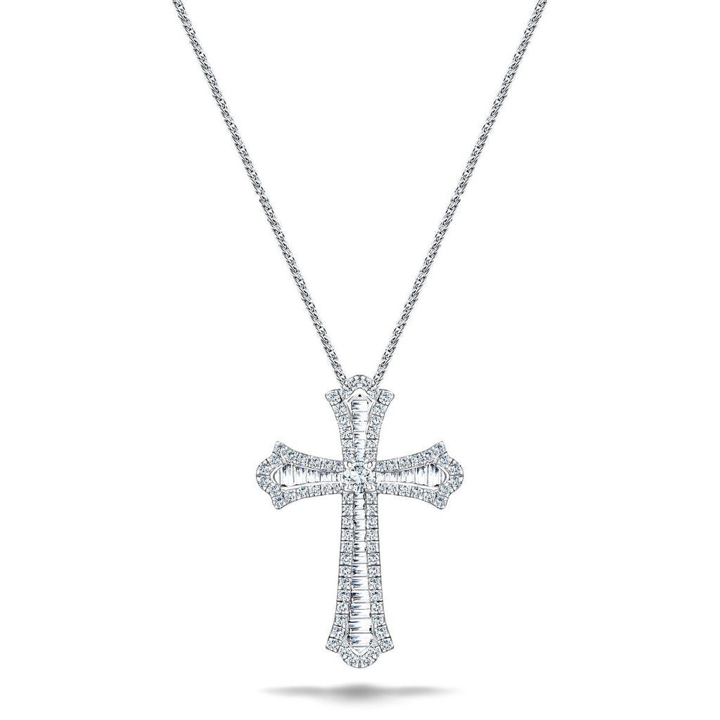 3.00ct Baguette & Round Claw Set Diamond Cross in 18k White Gold - All Diamond