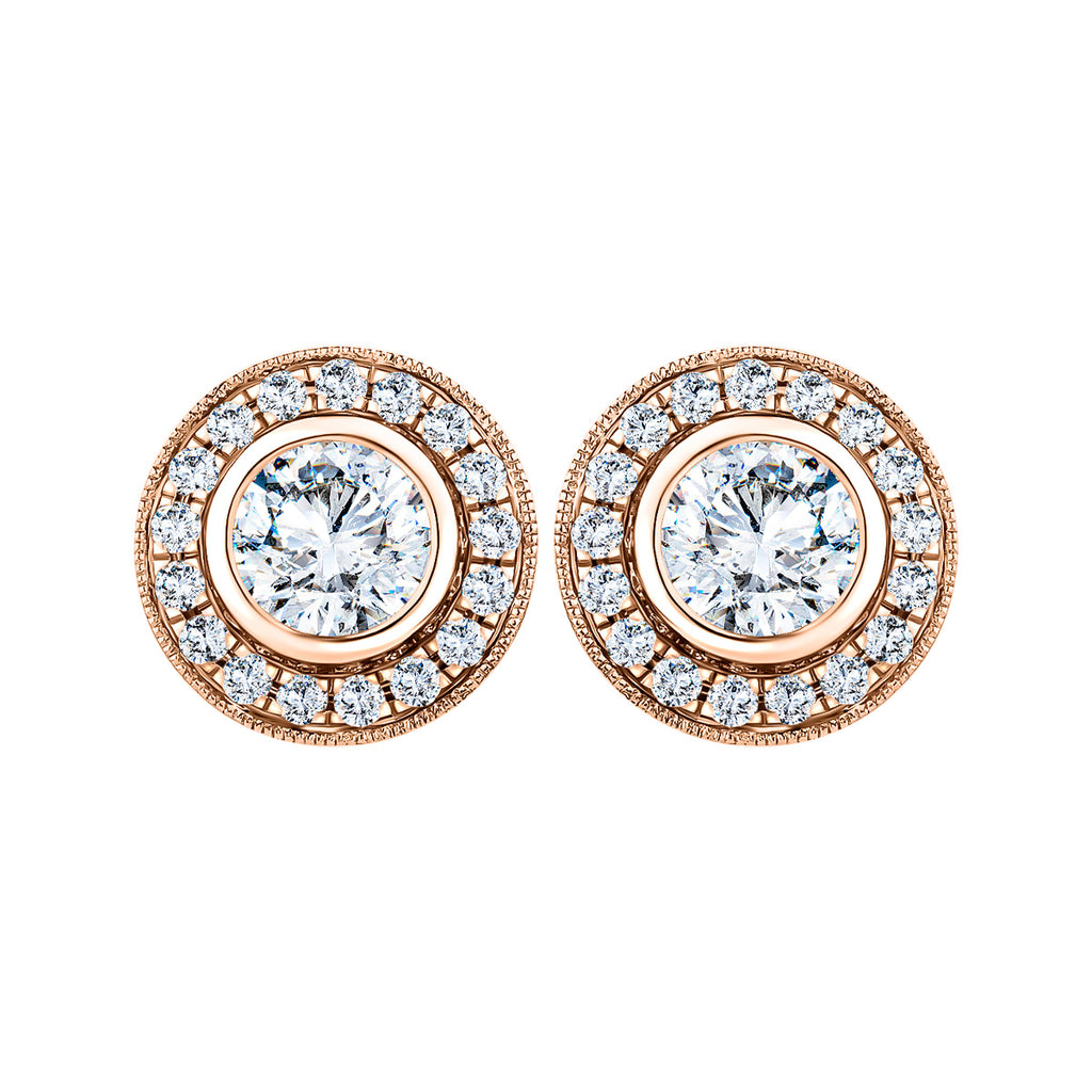 Rub Over Diamond Halo Earrings 1.30ct G/SI Quality in 18k Rose Gold