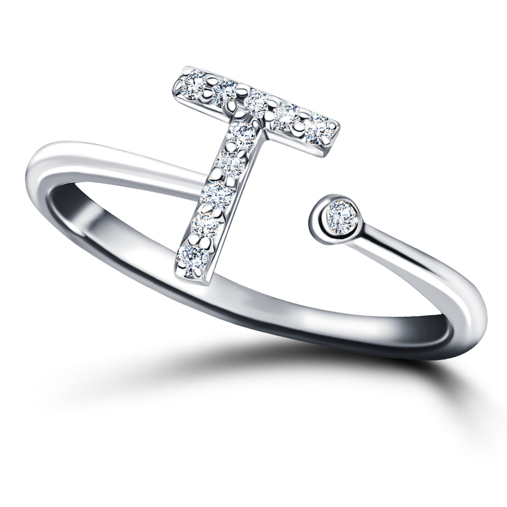 Diamond Initial 'T' Ring 0.10ct Premium Quality in 18k White Gold