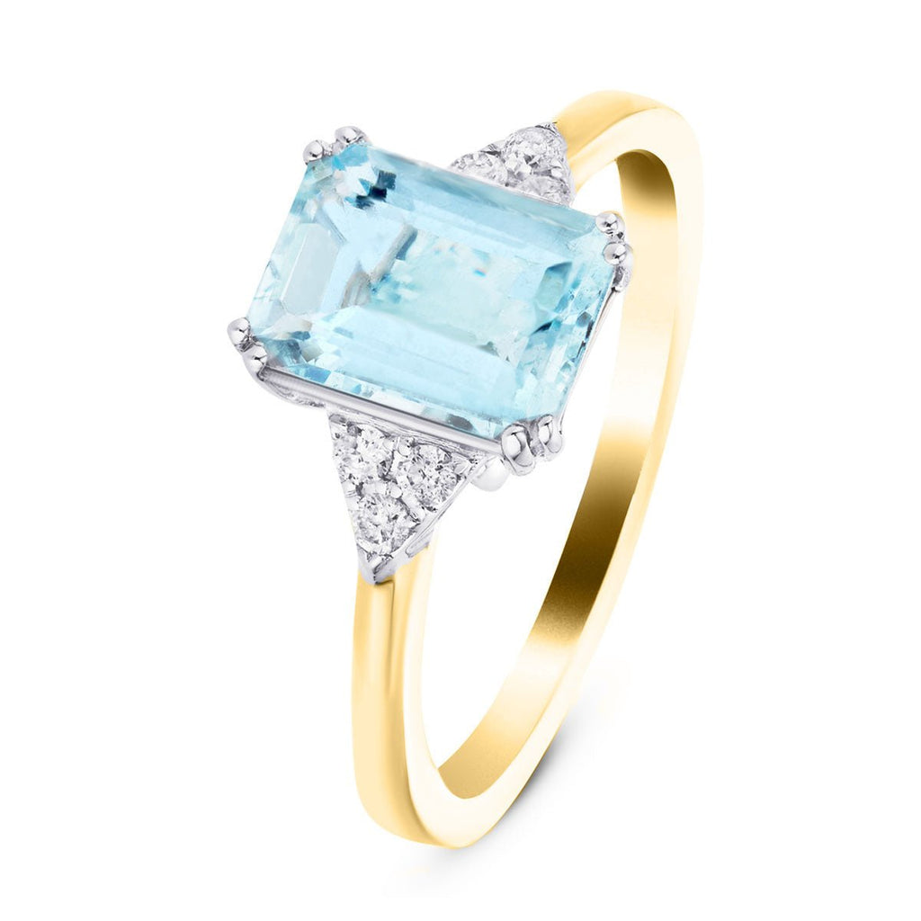 Aquamarine 1.37ct and Diamond 0.08ct Ring in 18K Yellow Gold - All Diamond