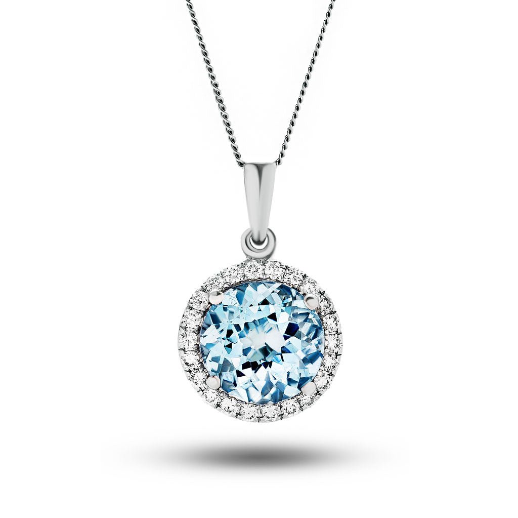 Aquamarine 1.75ct & 0.18ct G/SI Diamond Necklace in 18k White Gold - All Diamond