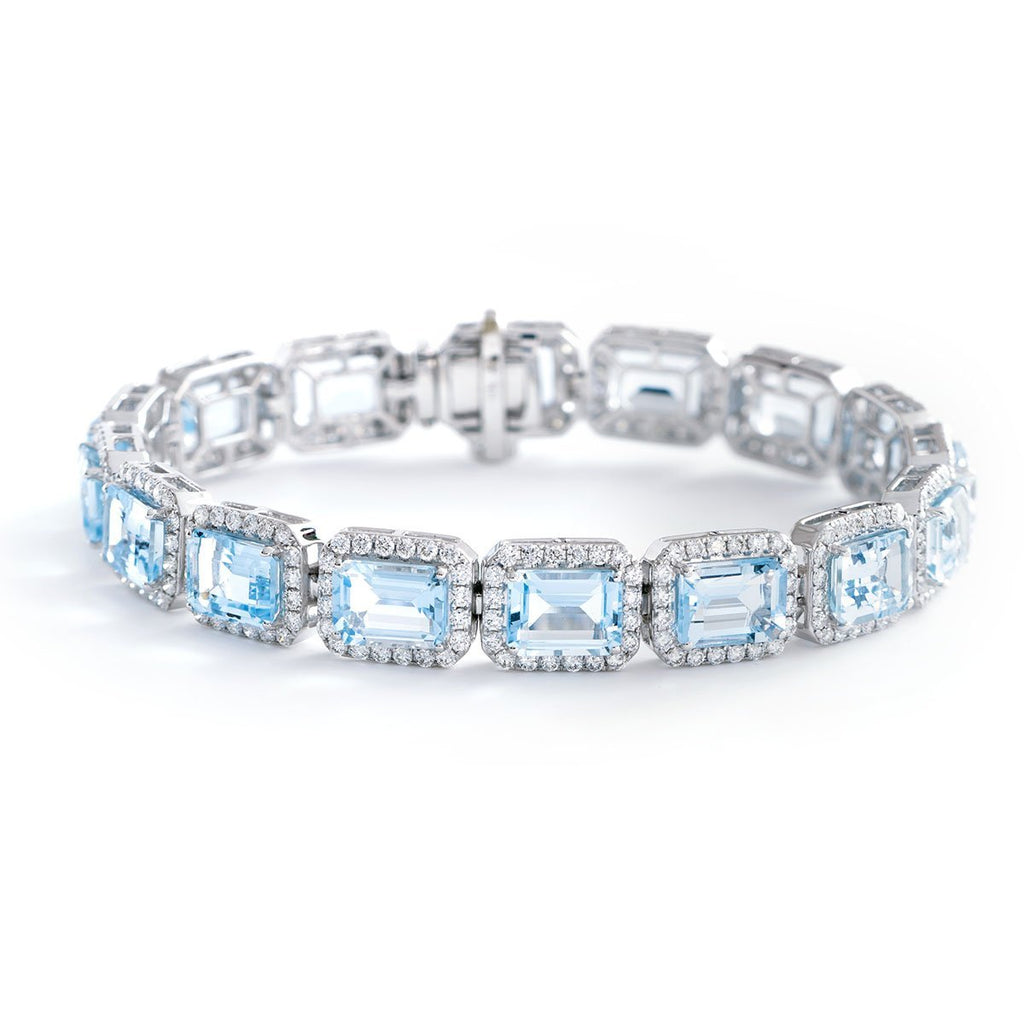 Aquamarine & Diamond Halo Bracelet 26.26ct in 18k White Gold - All Diamond