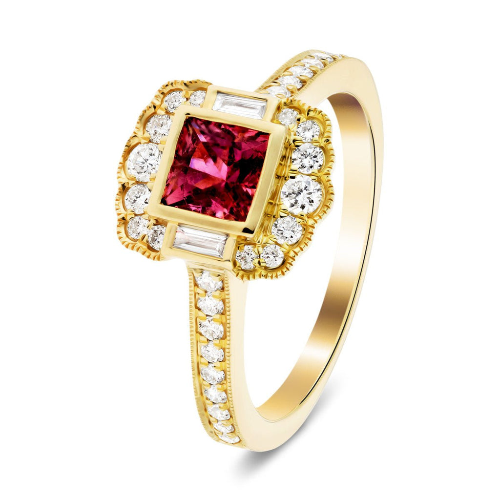 Art Deco Cushion Pink Tourmaline and Diamond 1.05ct Ring 18k Yellow Gold - All Diamond