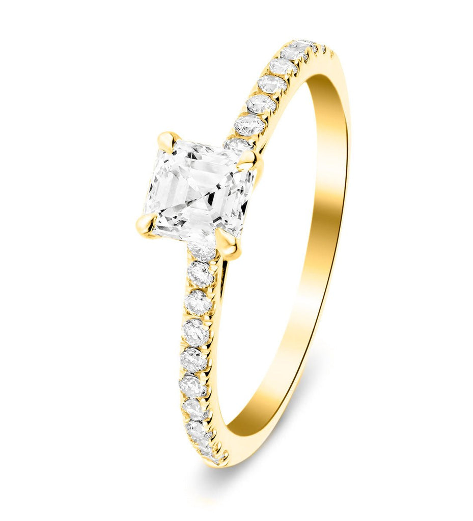 Asscher Cut Diamond Side Stone Engagement Ring 0.80ct G/SI in 18k Yellow Gold - All Diamond