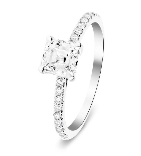 Top Four Wedding Ring Pairings To Enhance Diamond Engagement Rings 3 Asscher Cut Diamond Side Stone Engagement Ring 100Ct Evs In Platinum