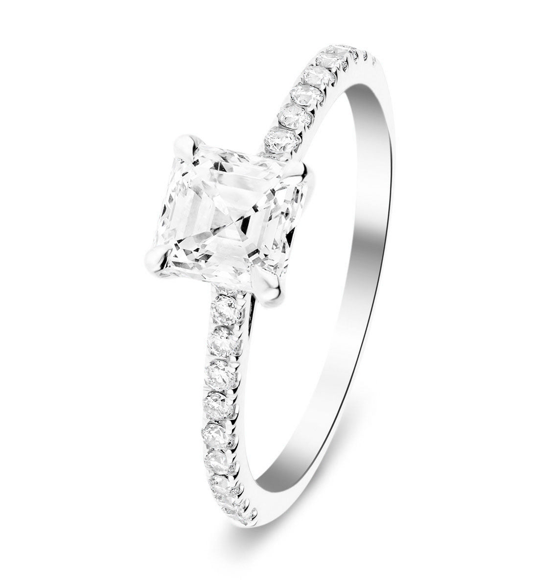 Asscher Cut Diamond Side Stone Engagement Ring 1.00ct G/SI in 18k White Gold - All Diamond