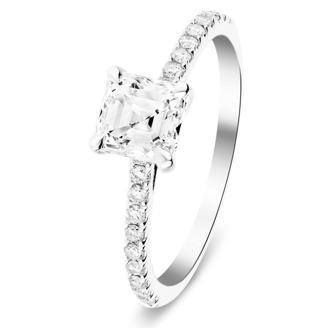 Asscher Cut Diamond Side Stone Engagement Ring 1.80ct E/VS in 18k White Gold - All Diamond