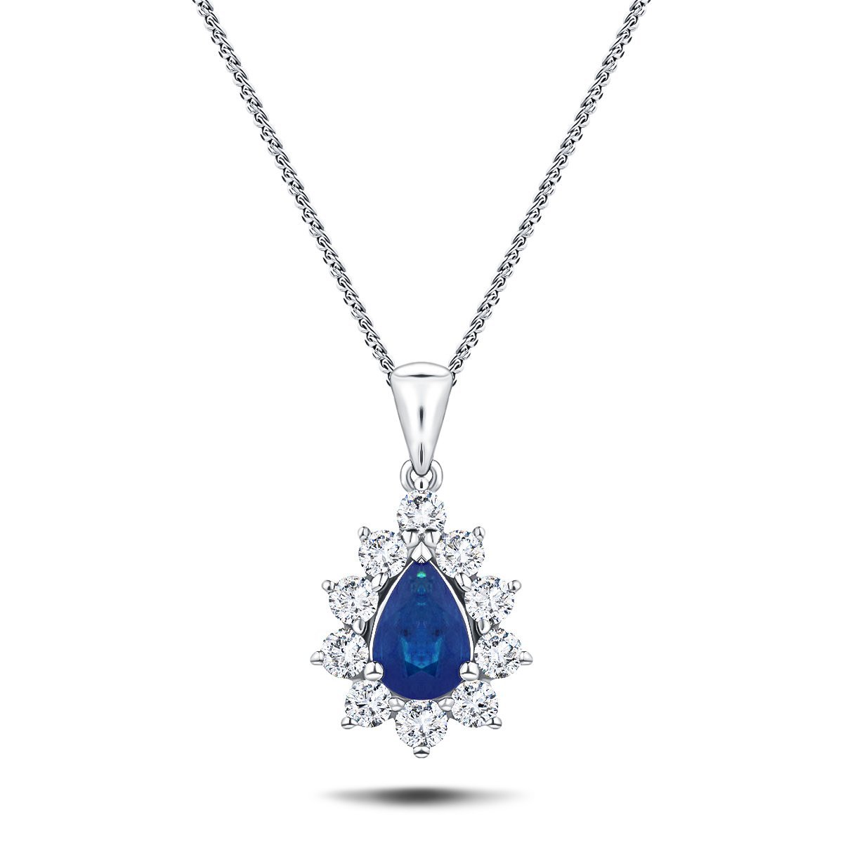 Blue Sapphire 0.45ct & 0.20ct G/SI Diamond Necklace in 18k White Gold - All Diamond