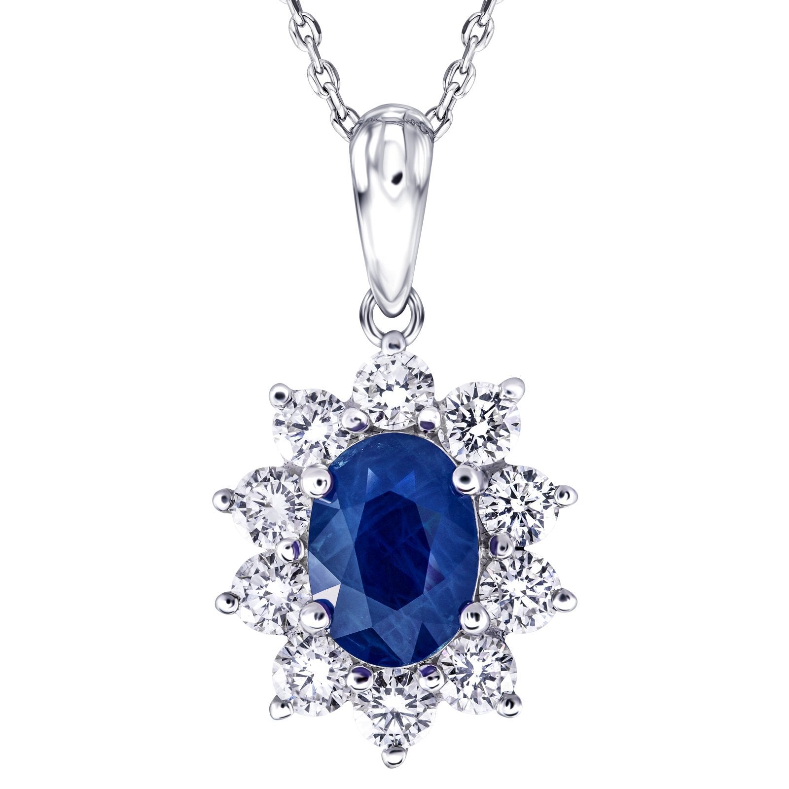 Blue Sapphire 1.50ct & 1.00ct G/SI Diamond Necklace in 18k White Gold - All Diamond