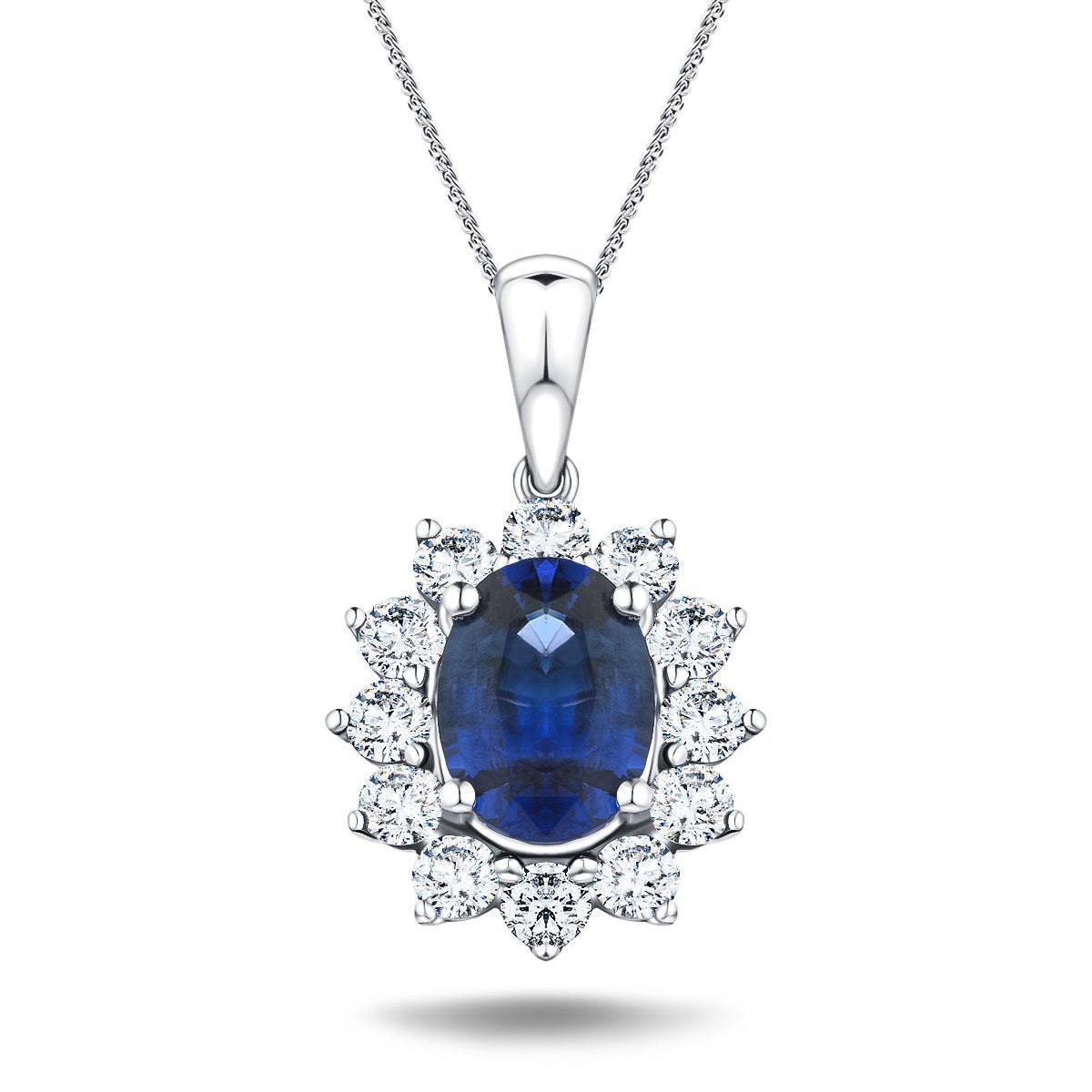 Blue Sapphire 1.80ct & 0.70ct G/SI Diamond Necklace in 18k White Gold - All Diamond