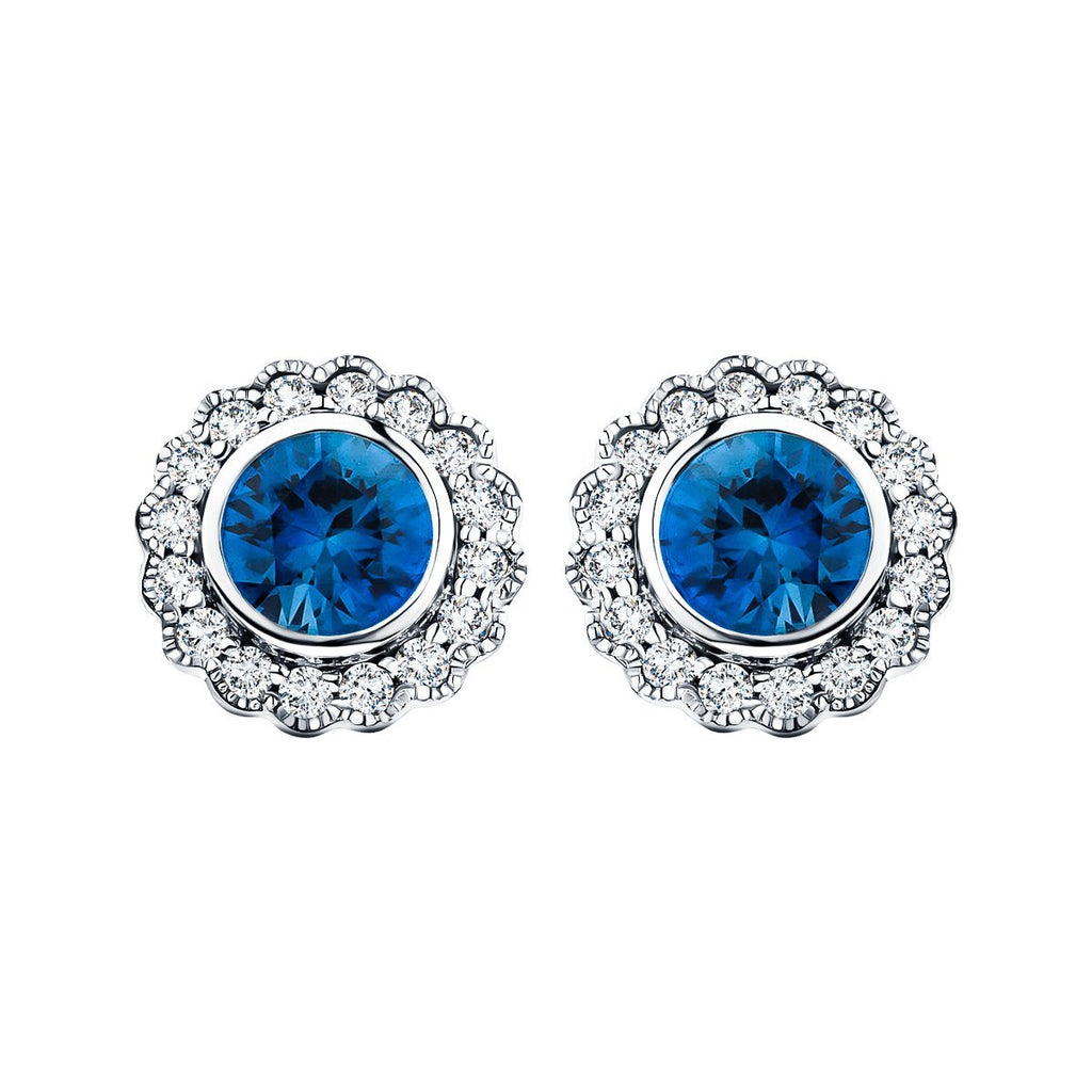 Blue Sapphire & Diamond Round Halo Earrings 0.80ct 18k White Gold 8mm - All Diamond
