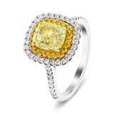 Certified Cushion Yellow Diamond Double Halo Engagement Ring 0.90ct Ring Platinum - All Diamond