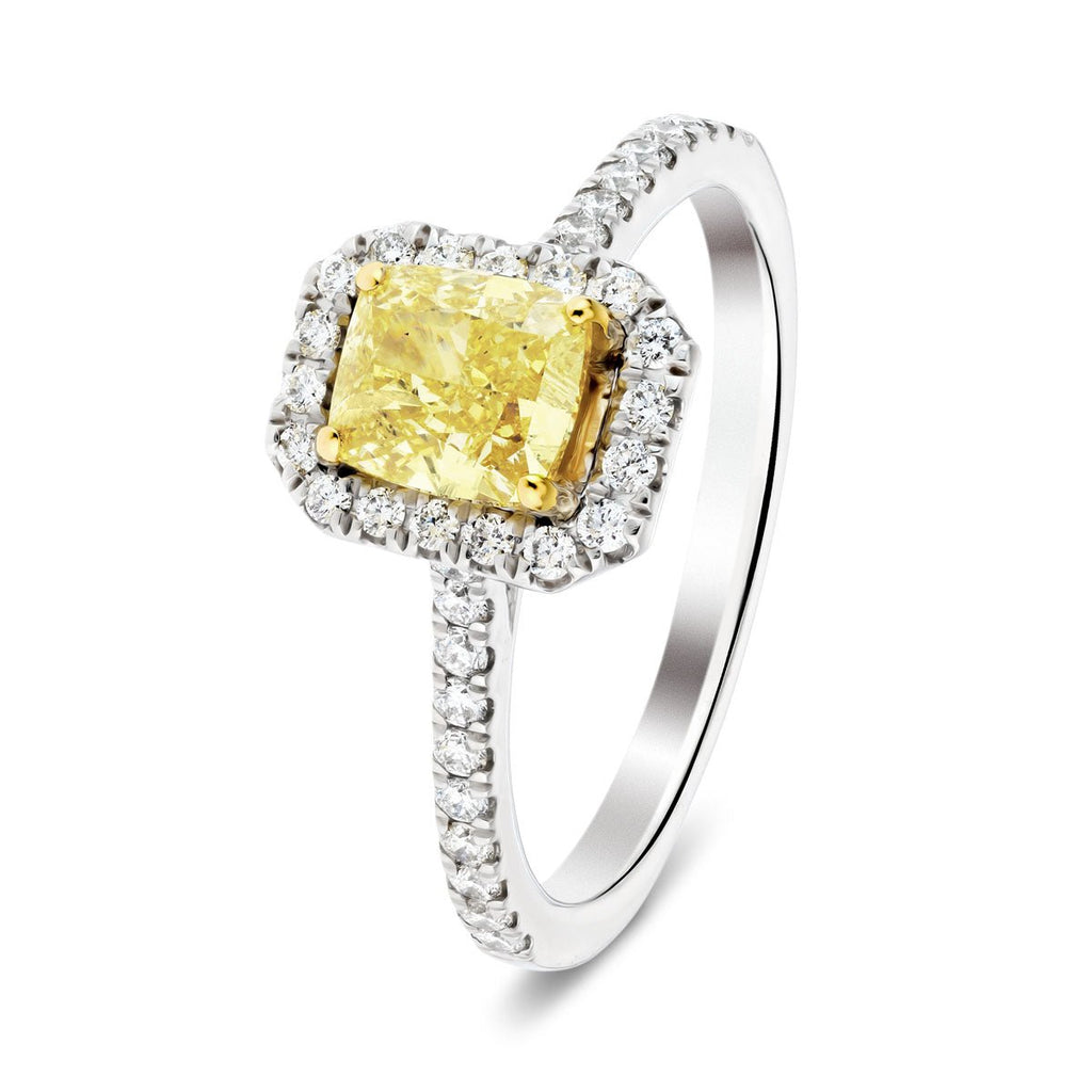 Certified Cushion Yellow Diamond Engagement Ring 0.80ct Ring in 18k White Gold - All Diamond