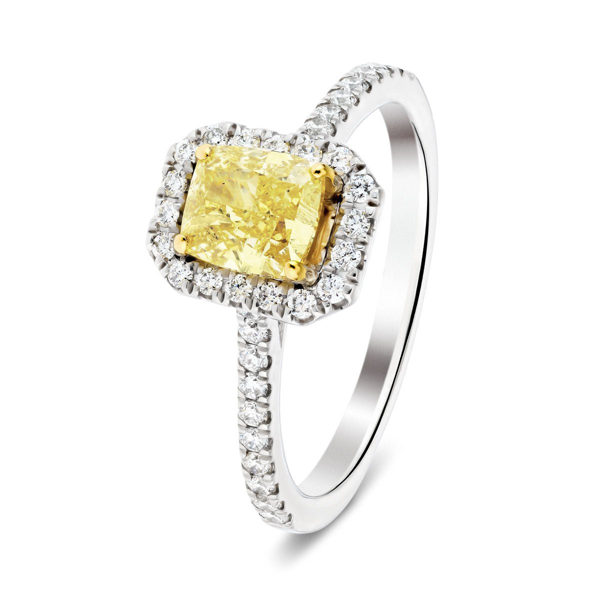 Certified Cushion Yellow Diamond Engagement Ring 1.30ct Ring in 18k White Gold - All Diamond