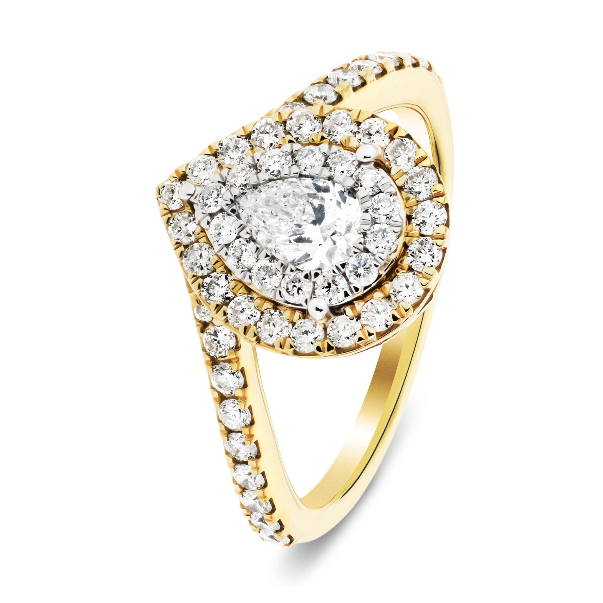 Certified Diamond Double Halo Pear Engagement Ring 0.90ct 18k Yellow Gold - All Diamond