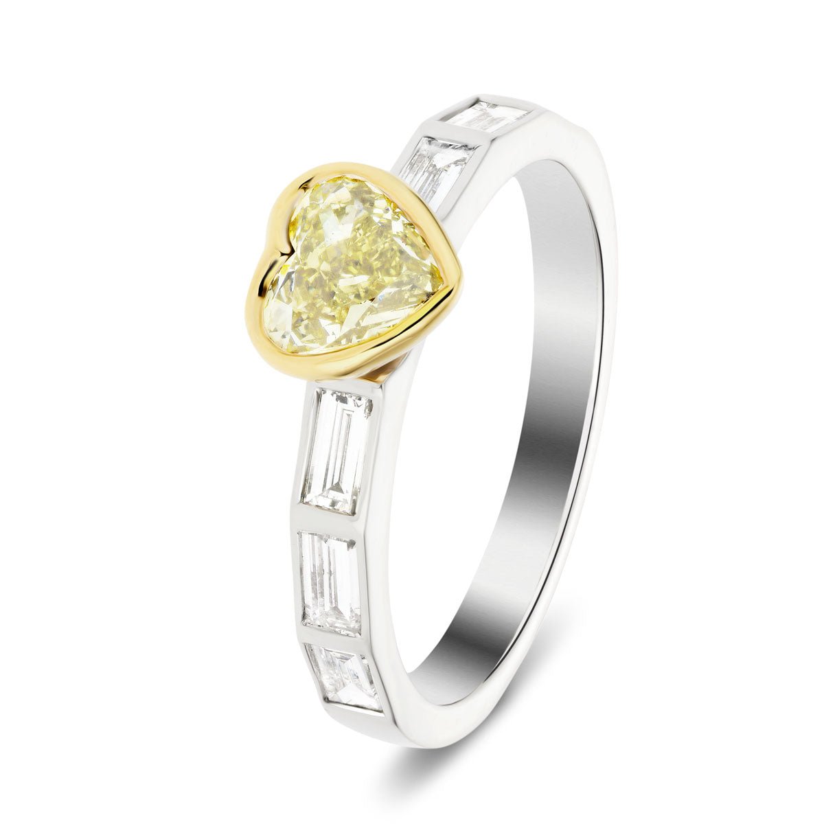 Certified Heart and Baguette Yellow Diamond Engagement Ring 1.25ct Ring Platinum - All Diamond