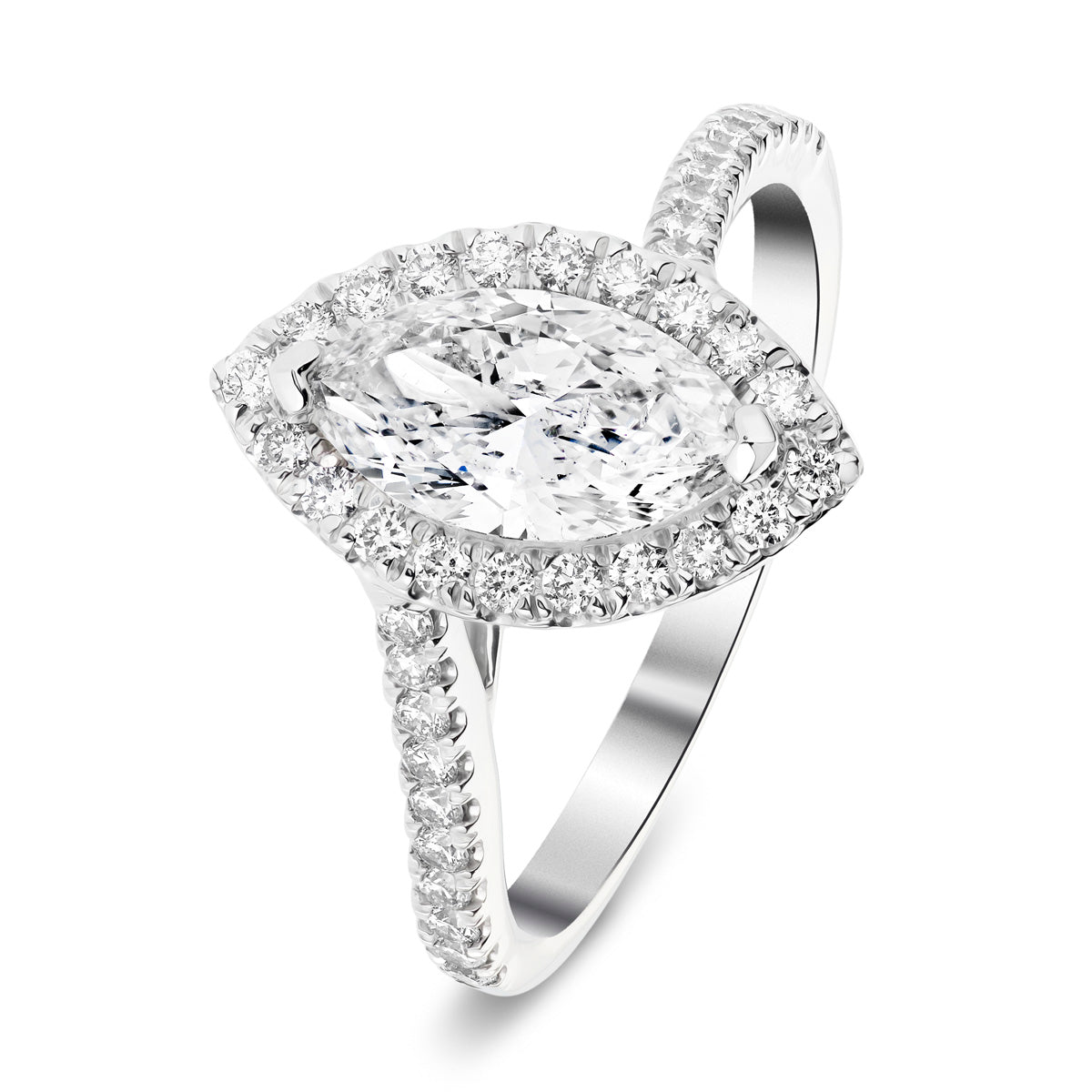 Certified Twist Marquise Diamond Halo Engagement Ring 0.85ct E/VS in 18k White Gold - All Diamond