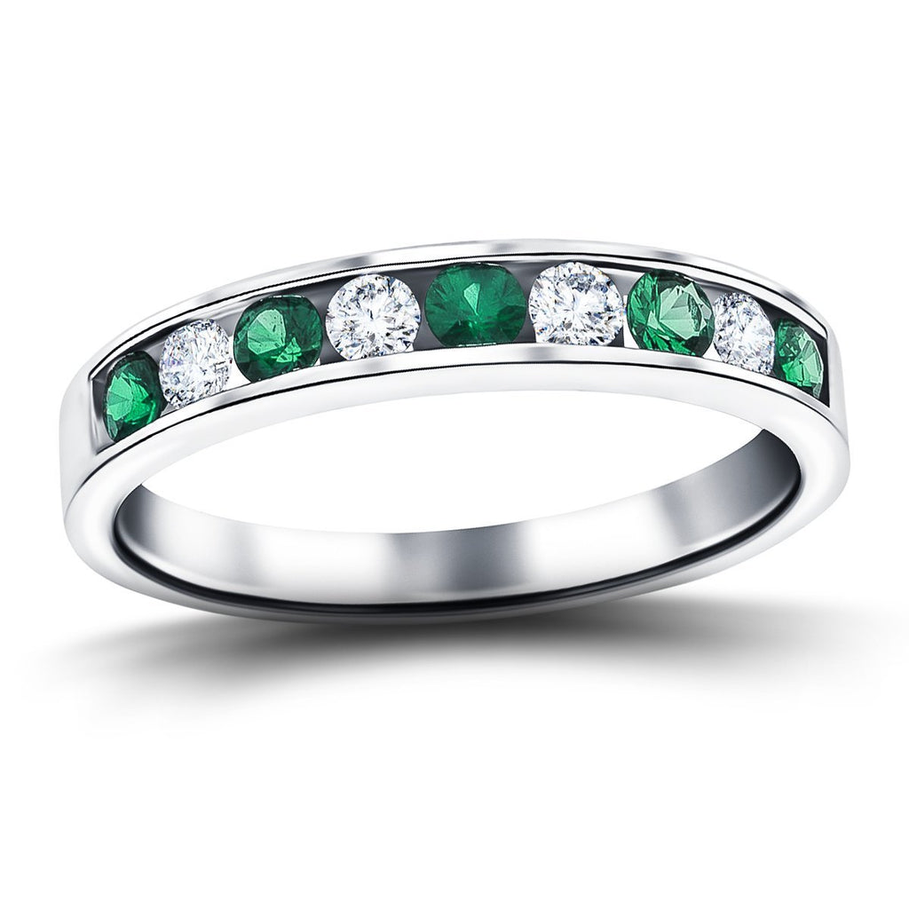Channel Emerald & Diamond Half Eternity Ring 0.50ct 18k White Gold - All Diamond