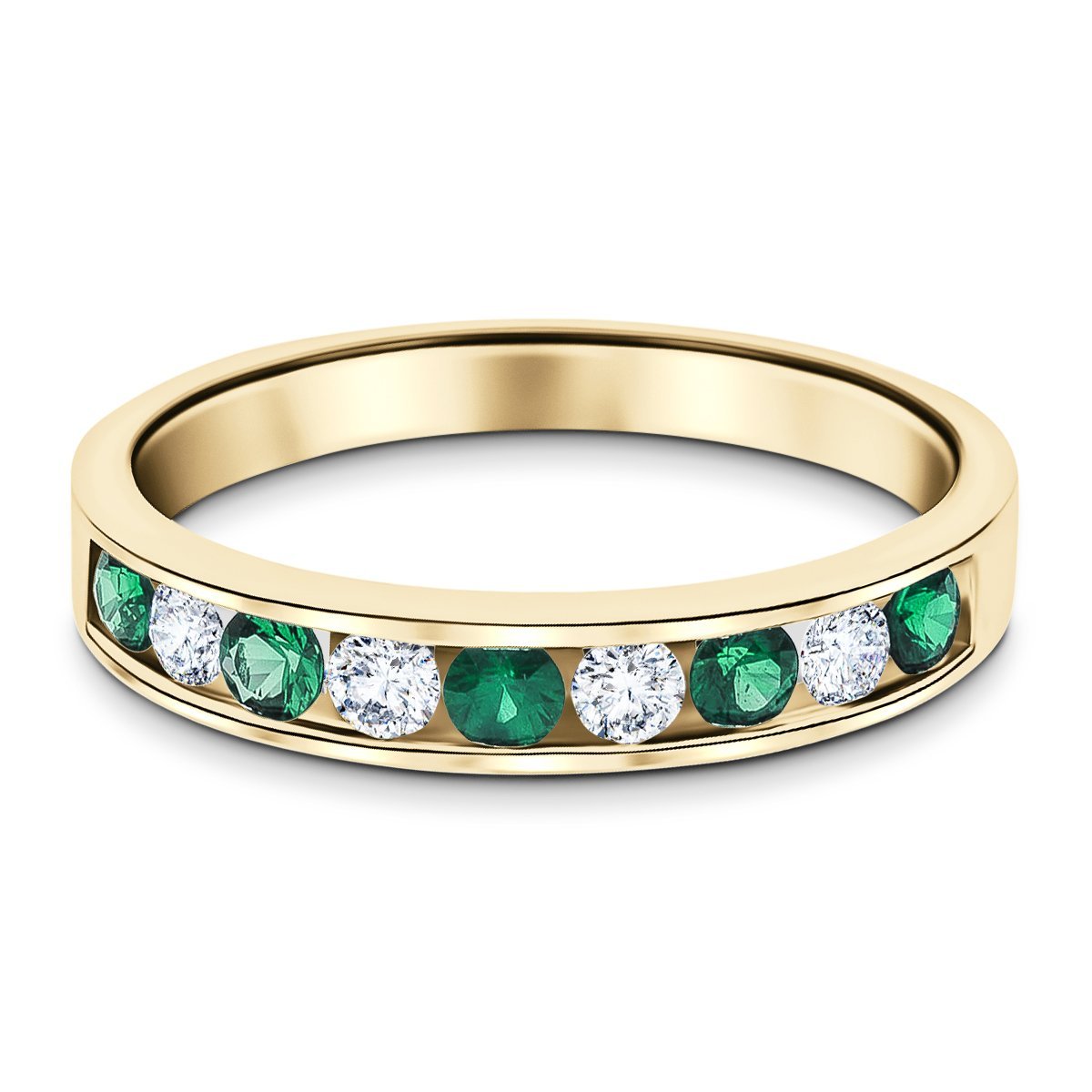 Channel Emerald & Diamond Half Eternity Ring 0.50ct 18k Yellow Gold - All Diamond