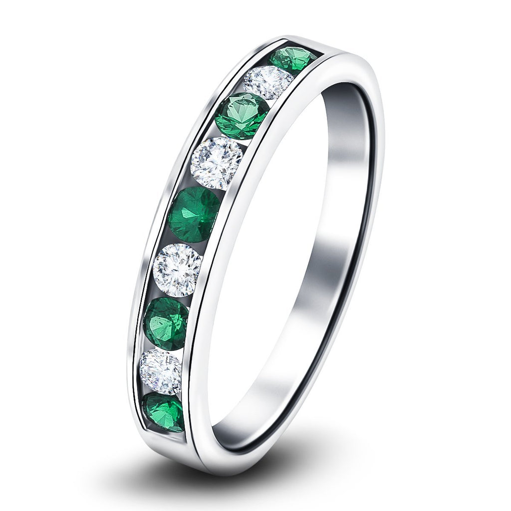 Channel Emerald & Diamond Half Eternity Ring 0.85ct 18k White Gold - All Diamond