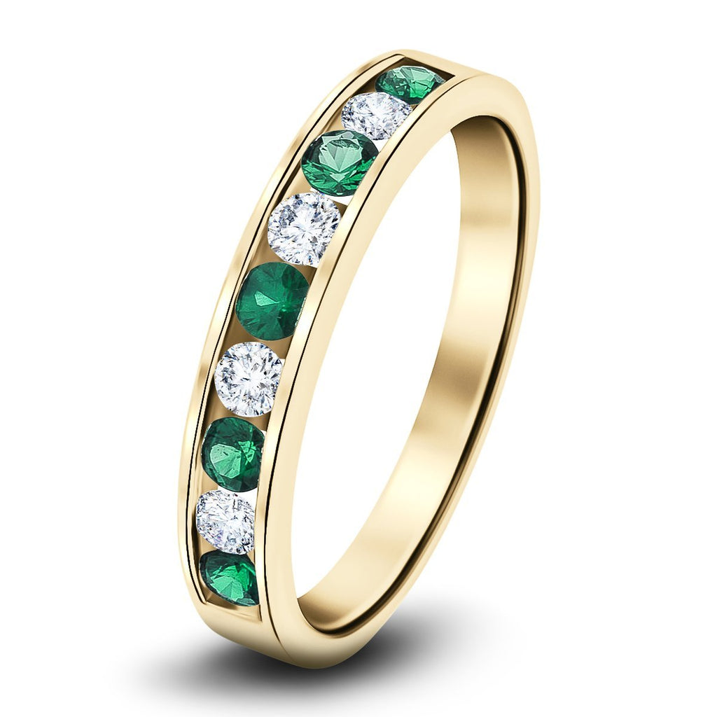 Channel Emerald & Diamond Half Eternity Ring 0.85ct 18k Yellow Gold - All Diamond