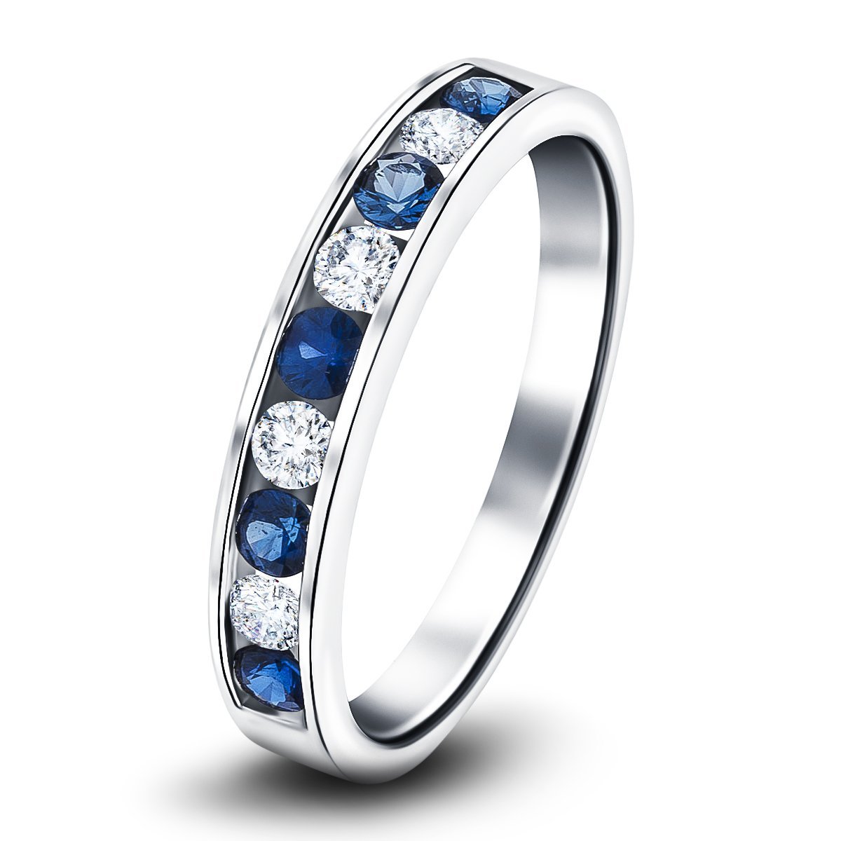 Channel Sapphire & Diamond Half Eternity Ring 0.55ct 18k White Gold - All Diamond