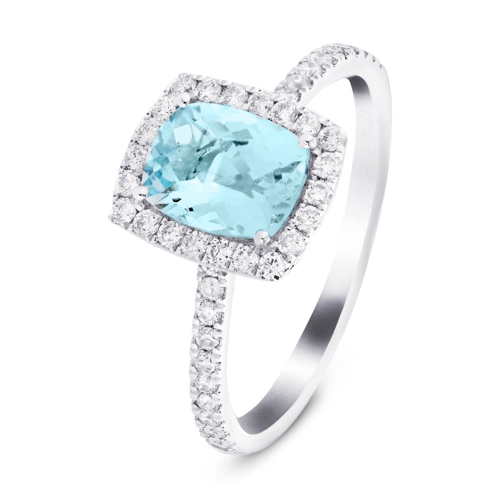 Cushion Halo Aquamarine 1.21ct & Diamond 0.32ct Ring in 18K White Gold - All Diamond