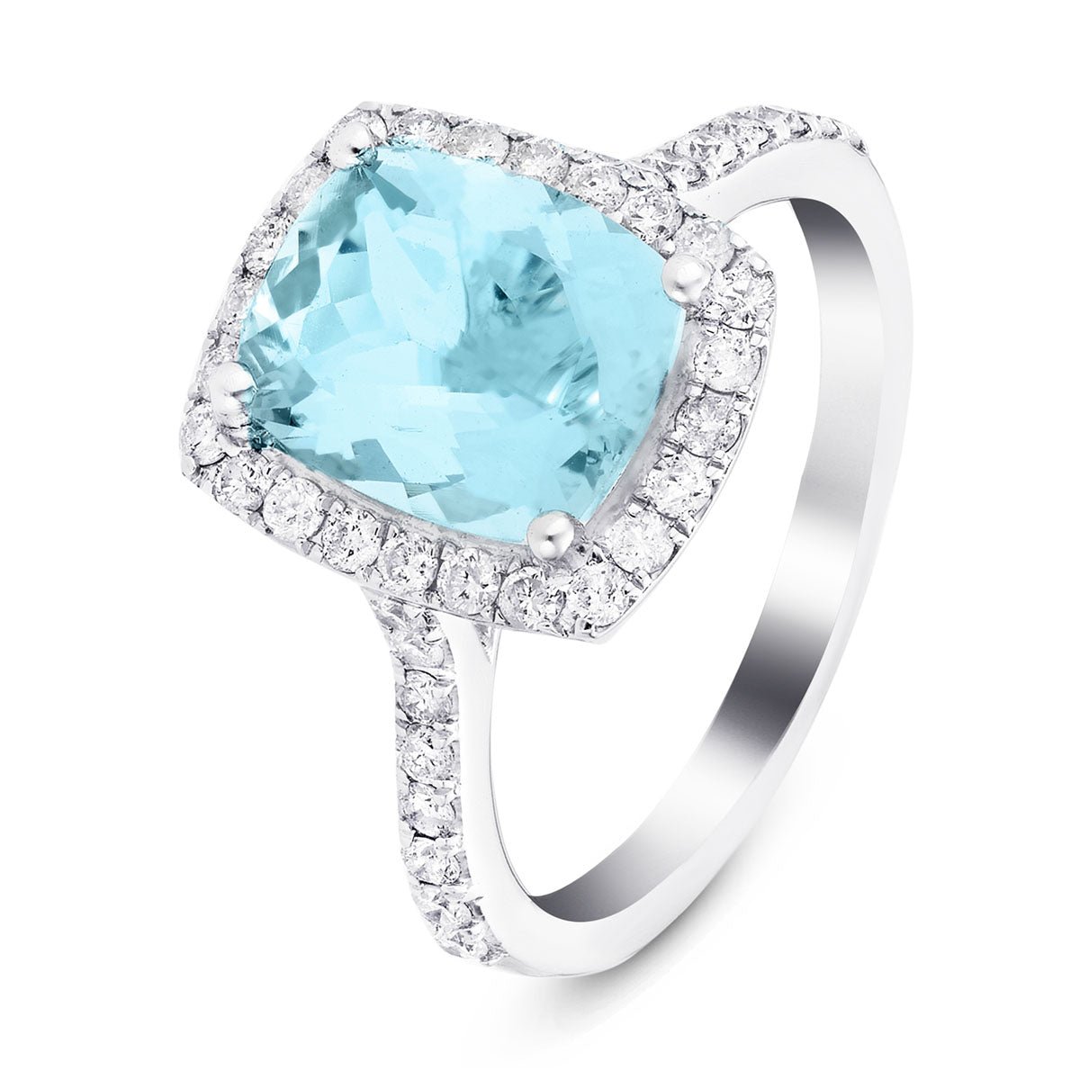 Cushion Halo Aquamarine 2.33ct & Diamond 0.53ct Ring in 18K White Gold - All Diamond