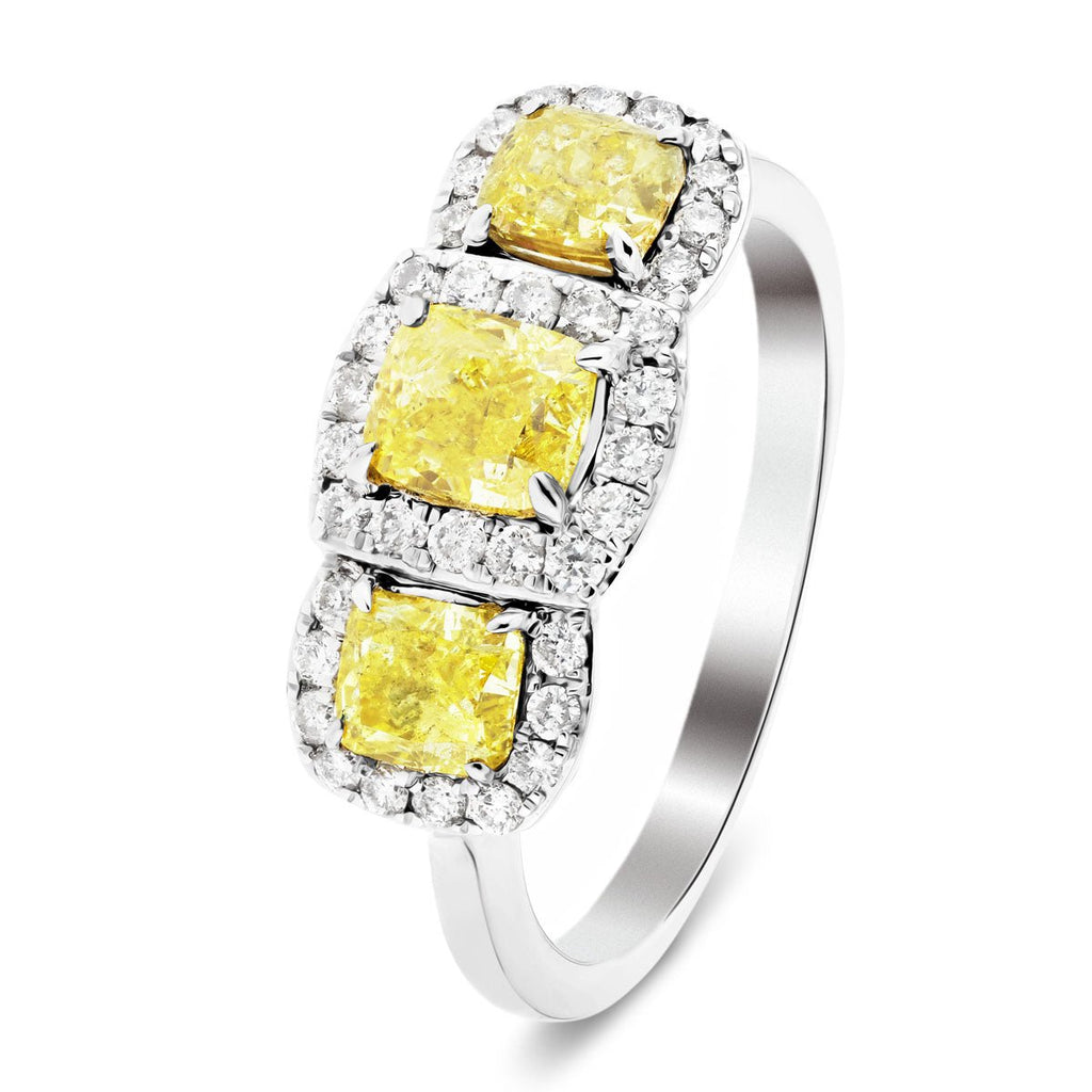 Cushion Yellow Diamond 1.60ct Three Stone Cluster Ring 18k White Gold - All Diamond