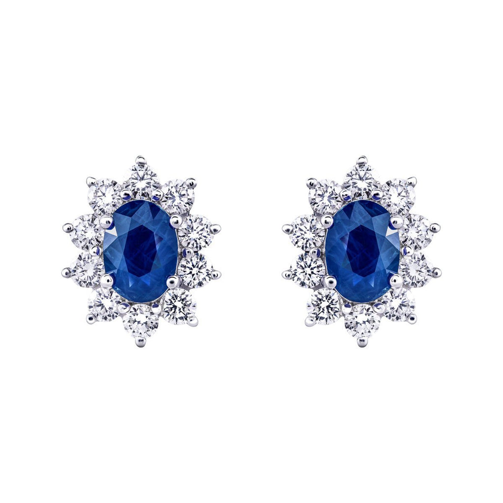 Diamond & Blue Sapphire Oval Cluster Earrings 1.60ct 18k White Gold - All Diamond
