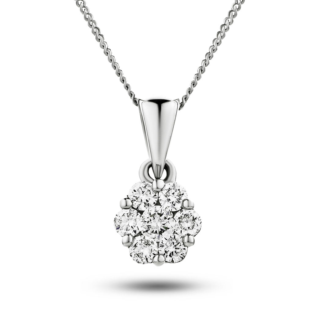 Diamond Cluster Pendant Necklace 0.45ct G/SI 18k White Gold 6.9x14.6 - All Diamond