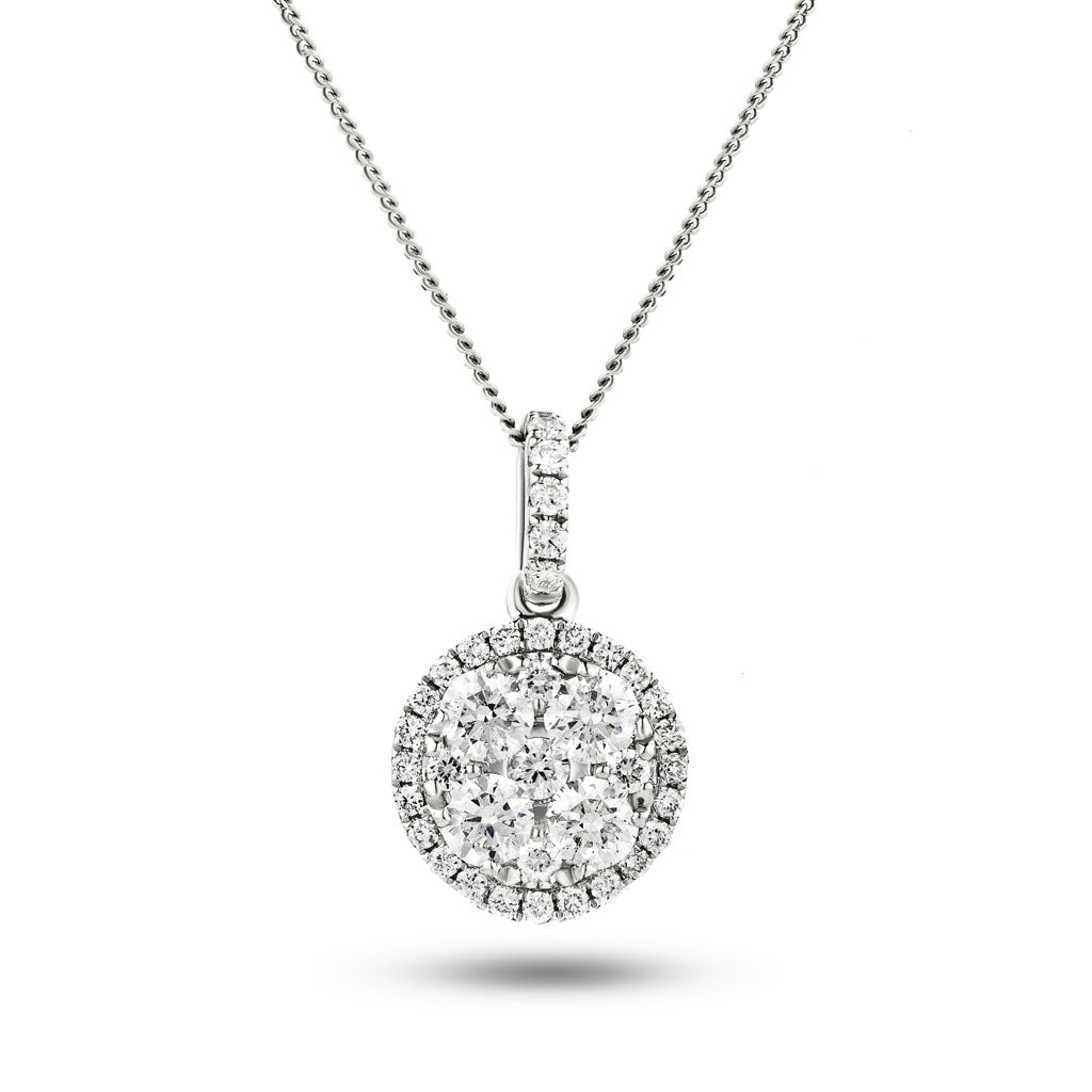 Diamond Cluster Pendant Necklace 0.75ct G/SI 18k White Gold 10.0x16.0 - All Diamond
