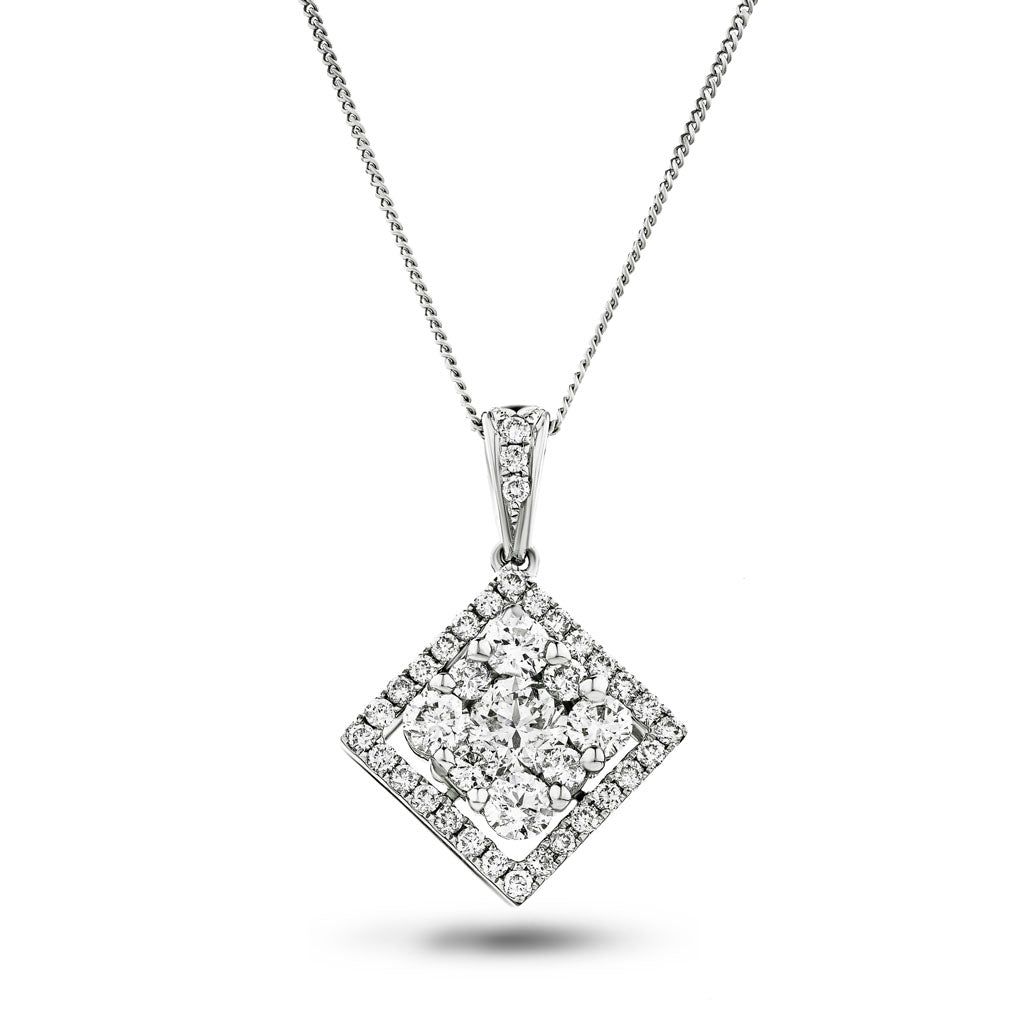 Diamond Cluster Pendant Necklace 0.75ct G/SI 18k White Gold 13.0x19.0 - All Diamond