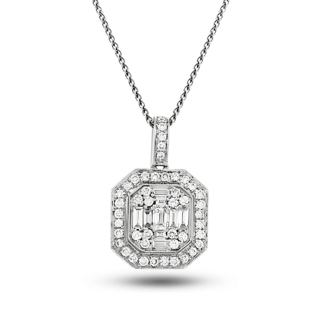 Diamond Cluster Pendant Necklace 0.90ct G/SI 18k White Gold 14.3x22.9 - All Diamond