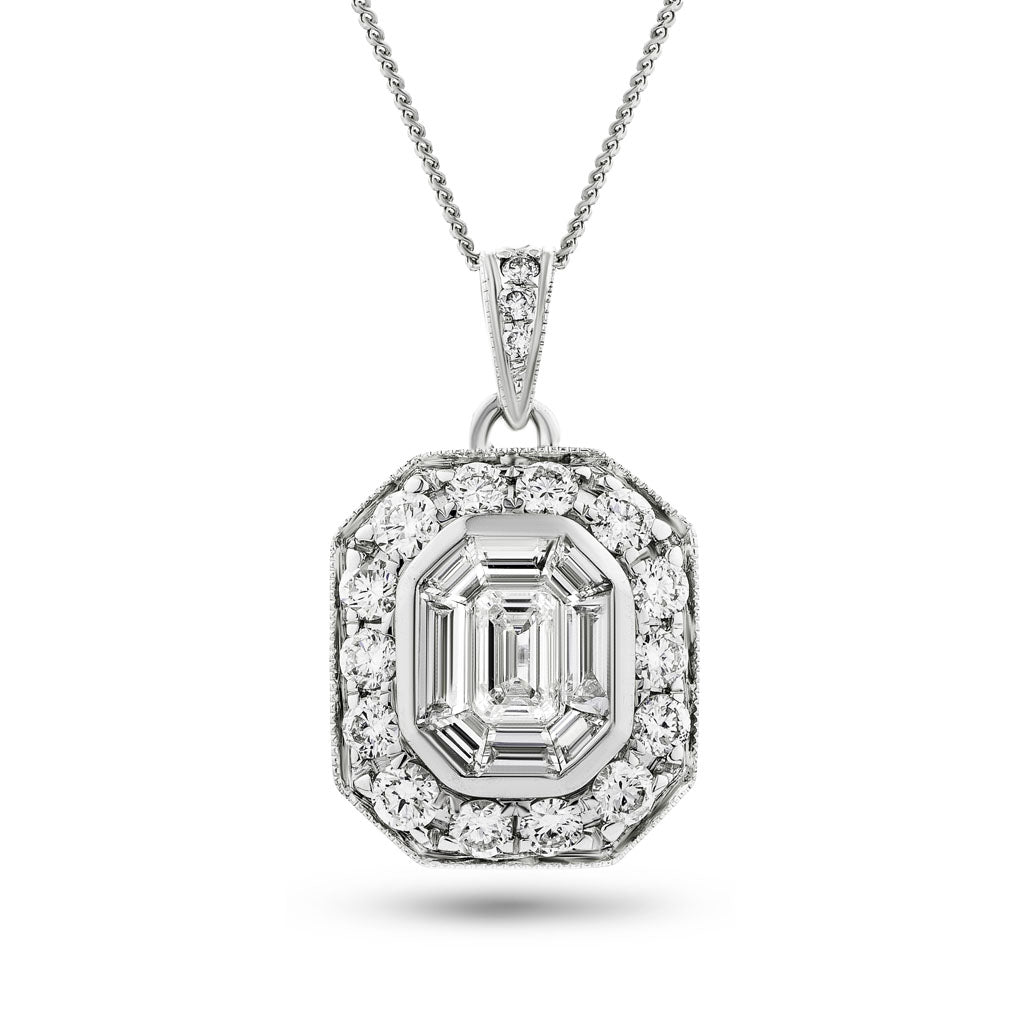 Diamond Cluster Pendant Necklace 1.00ct G/SI 18k White Gold 11.2x20.0 - All Diamond