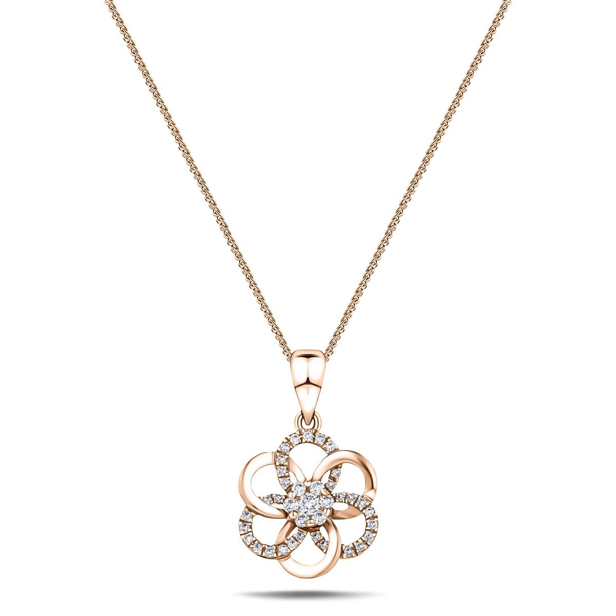 Diamond Flower Pendant Necklace 0.10ct G/SI 18k Rose Gold 9.4mm - All Diamond