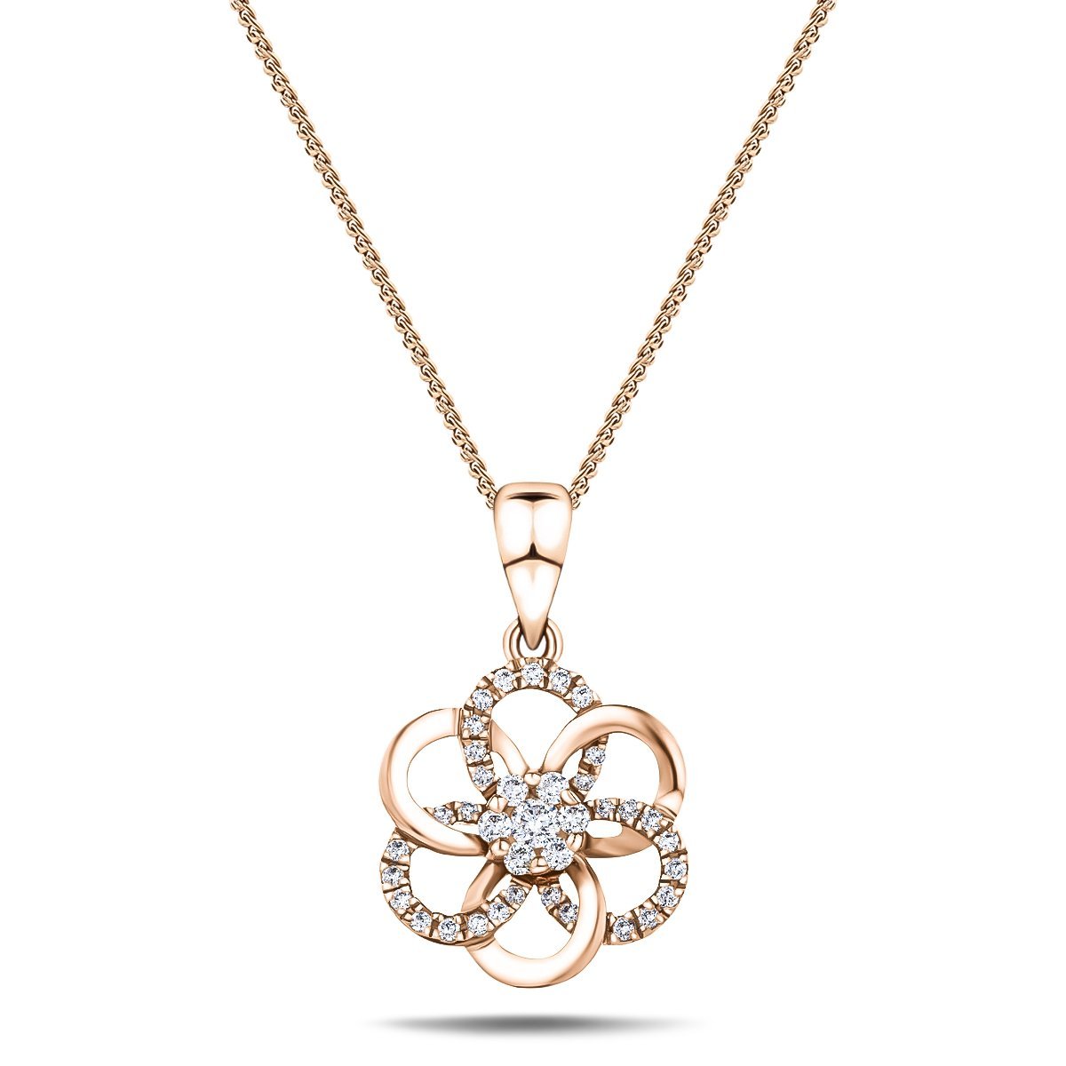 Diamond Flower Pendant Necklace 0.10ct G/SI 18k Rose Gold 9.4mm - All Diamond