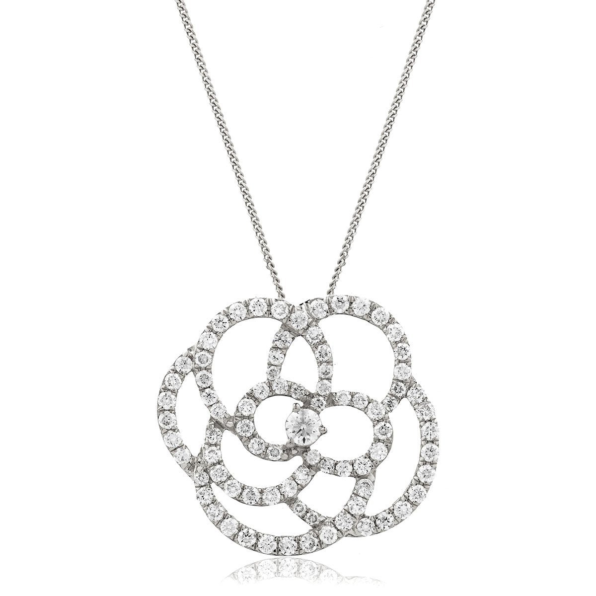 Diamond Flower Pendant Necklace 1.10ct G/SI 18k White Gold 23.0mm - All Diamond
