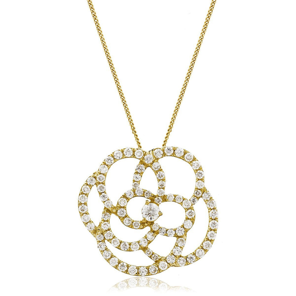 Diamond Flower Pendant Necklace 1.10ct G/SI 18k Yellow Gold 23.0mm - All Diamond